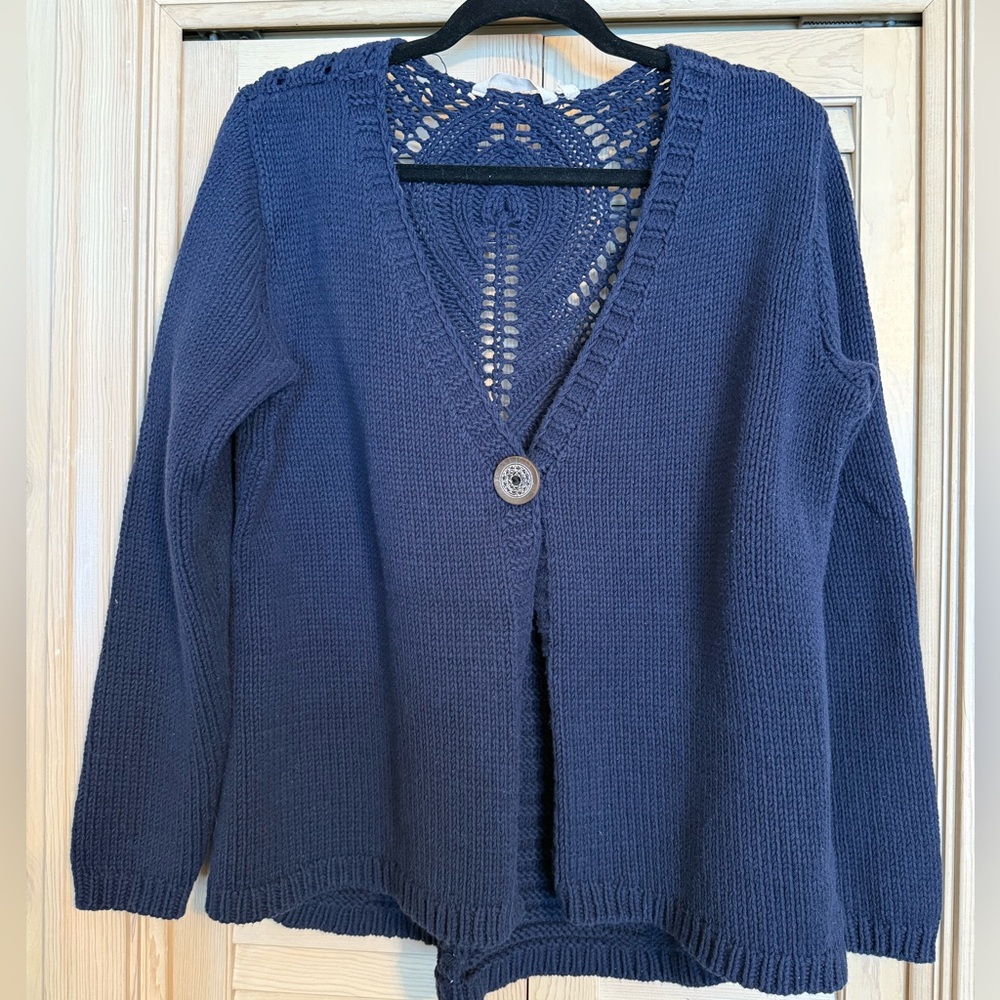 Soft Surroundings Navy Boho Artsy Chunky
Knit Crochet Cardigan, Size Large